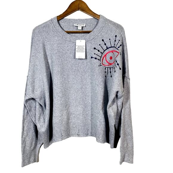 NEW! Frayed Jeans Crewneck Sweater Inside Out Stitch Puffy Paint Look Eye - L - Picture 1 of 4